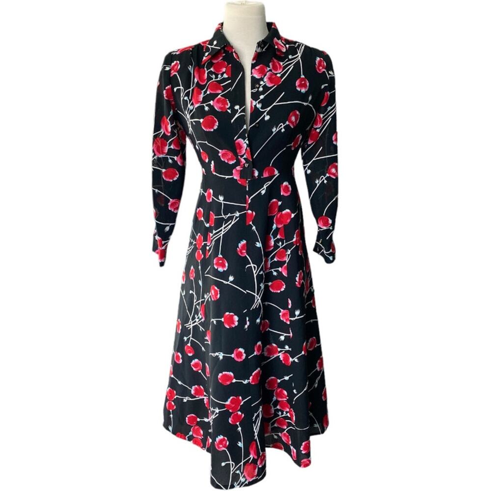 Pristine Vintage Pink Red floral on Black Midi Dress fits 6-8